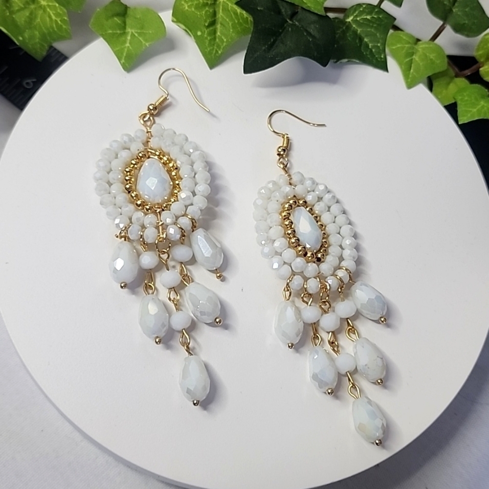 Handcrafted AB White Crystal Chandelier Statement Earrings Artisan